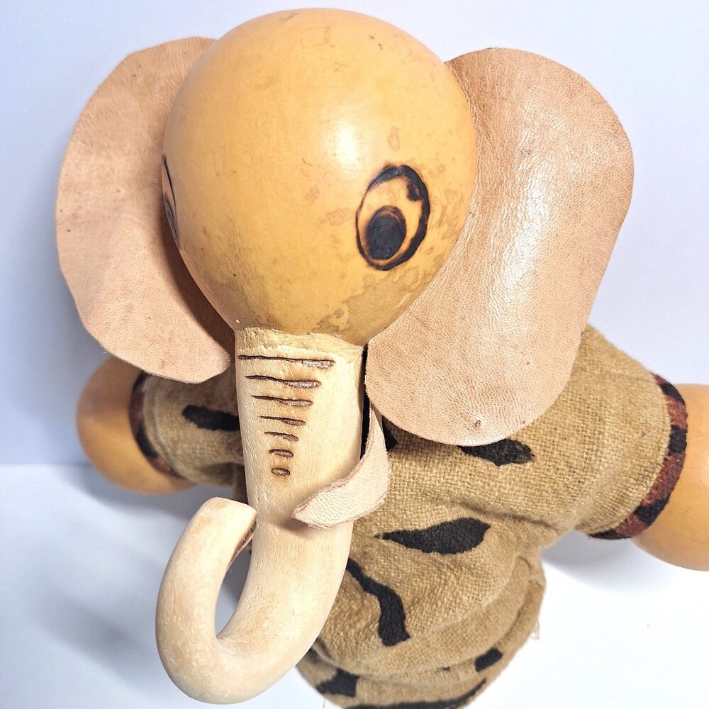 African Elephant Gourd Puppet Leather Handmade Ears Tusks Tribal Fabric READ - Picture 3 of 9